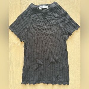 New Zara Black Pointelle Knit Short Sleeve Top - Scalloped Edges - Size S